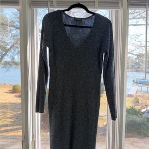 Athleta “Reverie” Dark Navy Marled Ribbed V-Neck Long Sleeve Midi Sweater Dress